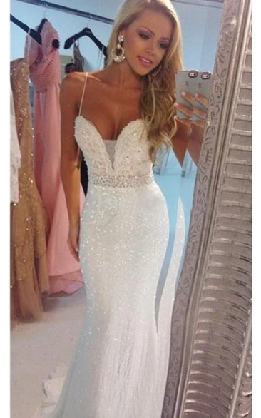 Delicate Beadings Sequins Mermaid Wedding Dress Spaghetti Strap