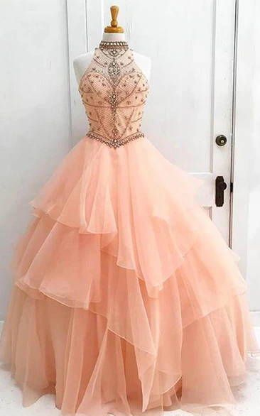 Ball Gown Organza High Neck Sleeveless Keyhole Dress