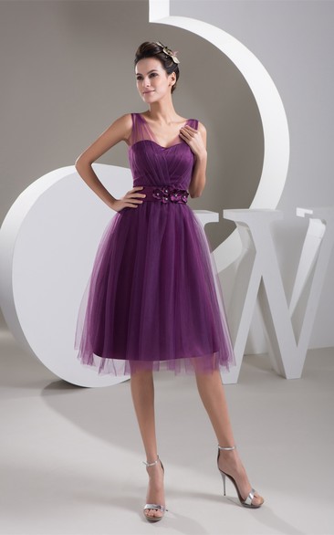 Strapped Knee-Length Tulle Dress With Floral Waist