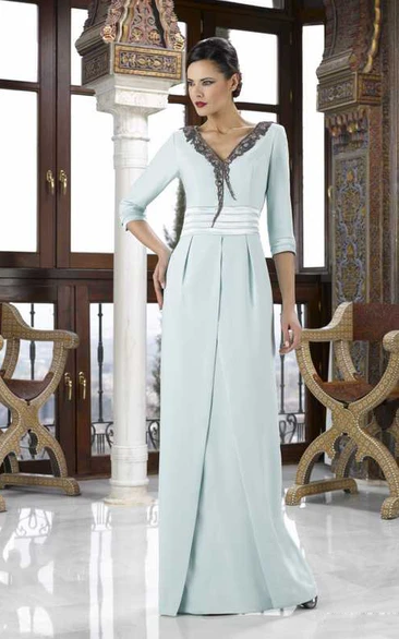 Lace 3-4 Sleeve V-Neck Chiffon Mother Of The Bride Dress With Split Back