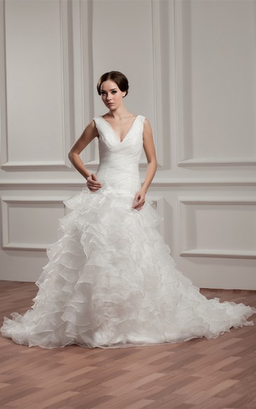 Plunged Ruffled Sleeveless Court Train and Gown With Tiers