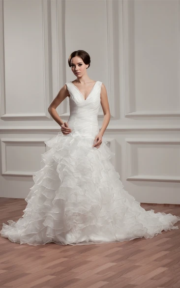 Plunged Ruffled Sleeveless Court Train and Gown With Tiers