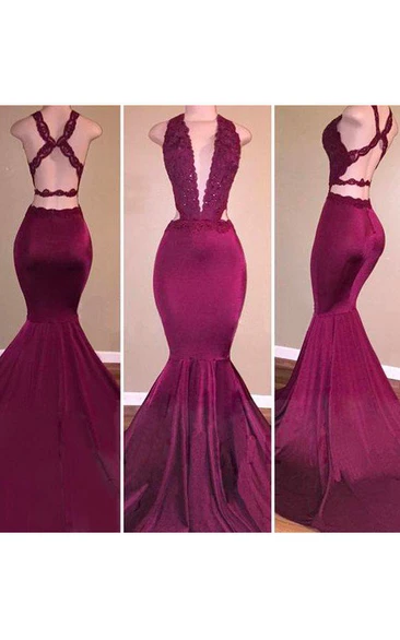 Mermaid Trumpet Satin Lace Halter Sleeveless Open Back Straps Dress