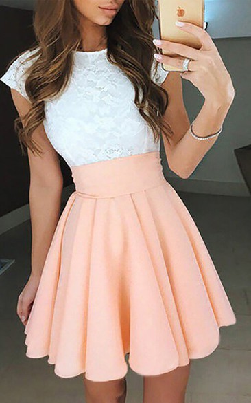 A-line Short Sleeve Chiffon Lace Bateau Keyhole Short Mini Homecoming Dress