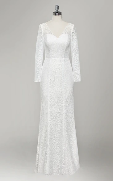 V-Neck Long Sleeve Sheath Lace Wedding Dress