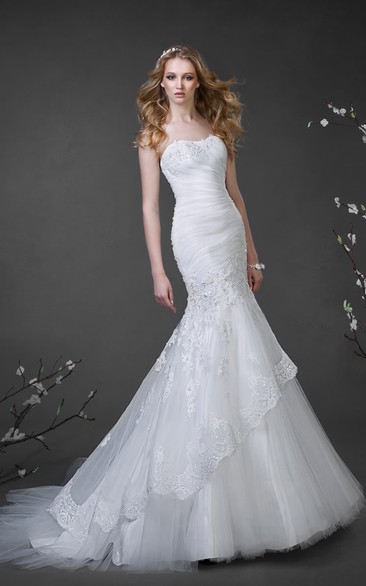 Trumpet Floor-Length Strapless Sleeveless Tulle Dress With Beading And Ruching