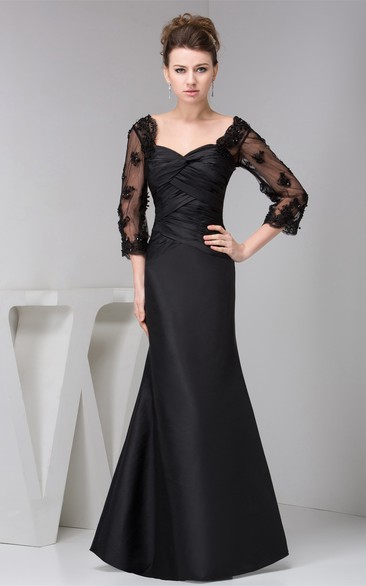 Ruched Long Mermaid Dress With Illusion 3-4 Sleeve