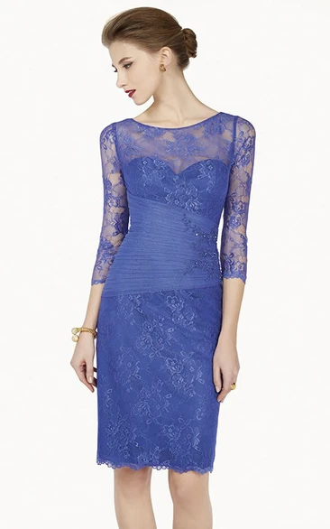 Pencil Appliqued Scoop-Neck 3-4-Sleeve Midi Lace Prom Dress