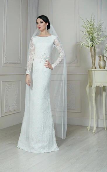 Sheath Floor-Length Bateau-Neck Illusion-Sleeve Low-V-Back Lace Dress With Flower And Sash