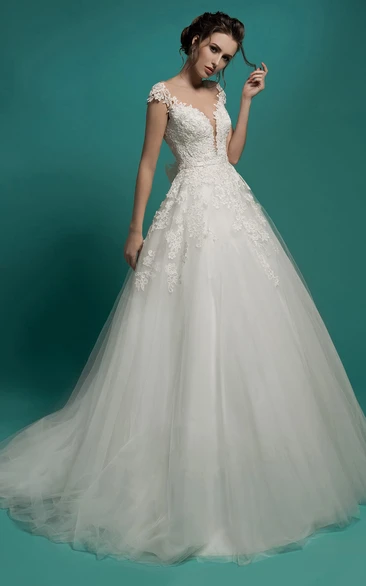 A-Line Long V-Neck Short-Sleeve Illusion Tulle Dress With Appliques And Bow