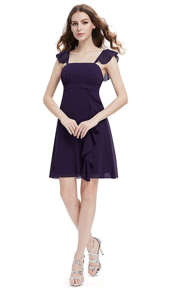 Cap-sleeved Square-neck Short Ruffled Chiffon Dress