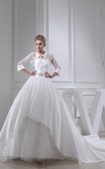 Ruched Collared A-Line Illusion Sleeve and Ball-Gown With Broach