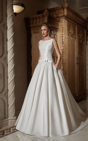 A-line Sleeveless Bateau Satin Dress With Bow&Drapping