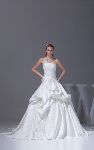 Ruched Criss Cross Sleeveless Bodice Gown With Ruffles and Embellishment