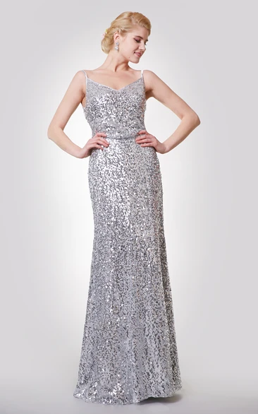 Unique Spaghetti Straps V-neck Sequined Long Dress