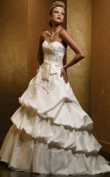 Ball Gown Sweetheart Pick-Up Satin Wedding Dress With Embroidery And Tiers