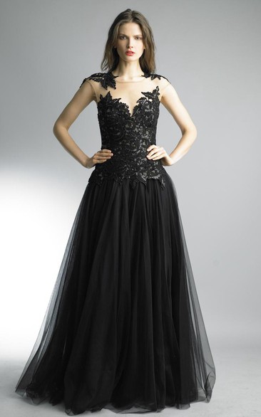 A-line Floor-length Jewel Sleeveless Tulle Illusion Dress