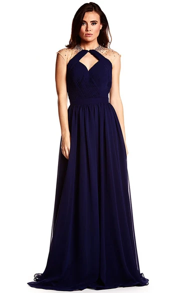 High Neck Sleeveless Beaded Chiffon Prom Dress With Keyhole