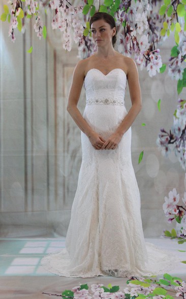 Fit and Flare Lace Sweetheart Dress With Beaded Waistbelt