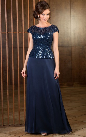 Cap-Sleeved A-Line Long Mother Of The Bride Dress With Sequined Bodice