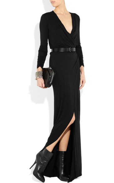 Deep V-neck Long Sleeve Sheath Long Jersey Dress With Belt and Split