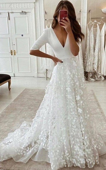 Elegant V-neck A Line Floor-length Court Train Half Sleeve Wedding Dress With Appliques