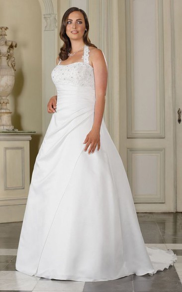 A-Line Floor-Length Halter Sleeveless Satin Sweep Train Side Draping Dress