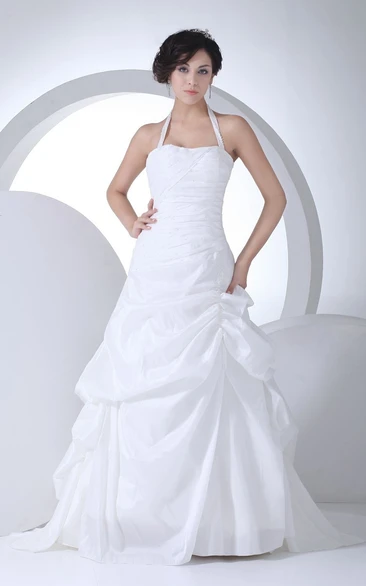 Sleeveless A-Line Beaded Dress With Chapel Train and Pick-Up Design