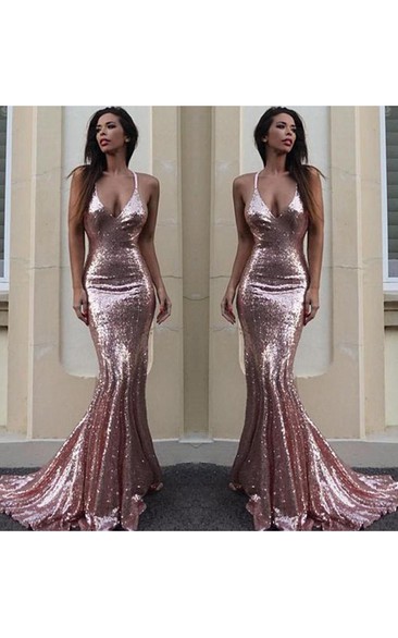 Mermaid Trumpet Sequins Spaghetti Sleeveless Open Back Straps Dress