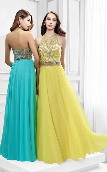 High Neck Sleeveless Crystal Tulle Prom Dress