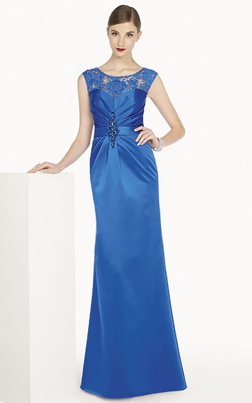 Scoop Neck Cap Sleeve Sheath Satin Long Prom Dress With Removable Jacket