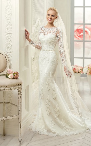 Sheath Maxi Bateau Long-Sleeve Deep-V-Back Lace Dress With Appliques And Waist Jewellery