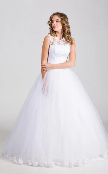 High Neck Tulle Ball Gown With Satin Bow Sash and Lace Embellishment