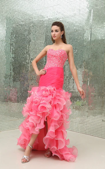 Strapless Beaded Siren Style Dress With Ruffle and Brush Train