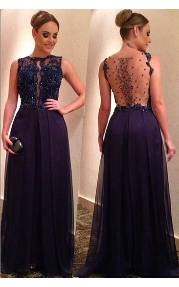 Elegant Beadings Lace Appliques Evening Dress A-line Floor-length