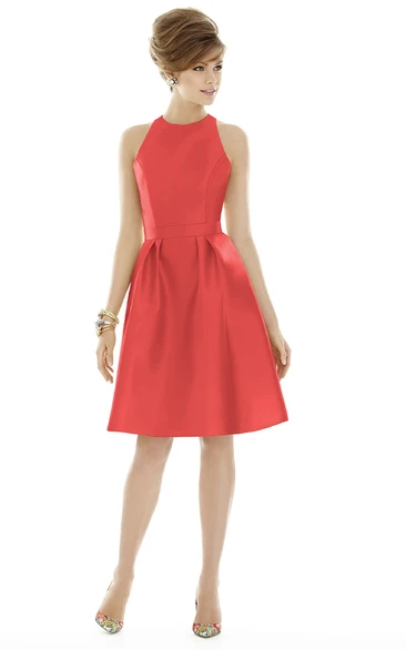 Graceful A-Line Short Sleeveless Satin Dress with Ruching and Belt