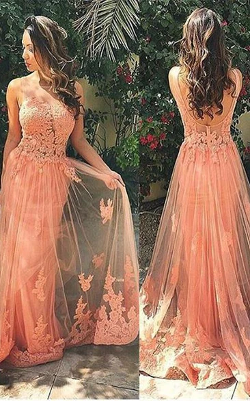 Gorgeous Sleeveless Lace Prom Dress Tulle Open Back