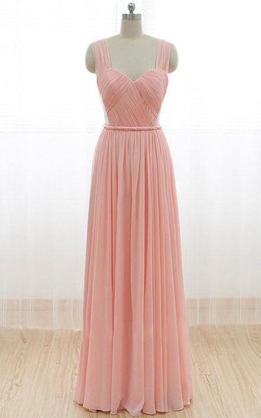 Floor-length Straps Pleats Chiffon Dress with V Back