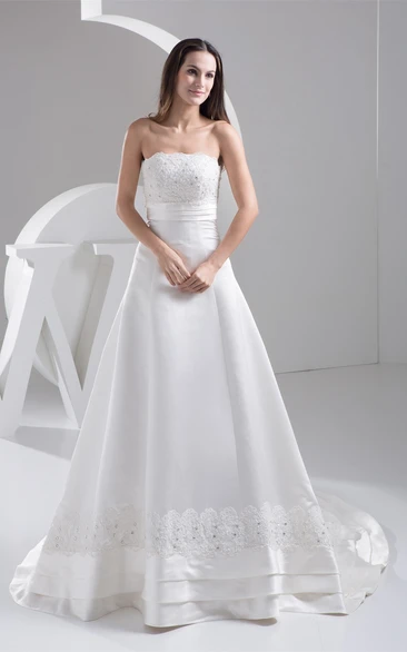 Strapless A-Line Ruching and Gown With Lace