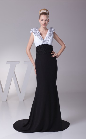 Two-Tone Sheath Floor-Length Plunged Ruffles and Dress With Beading