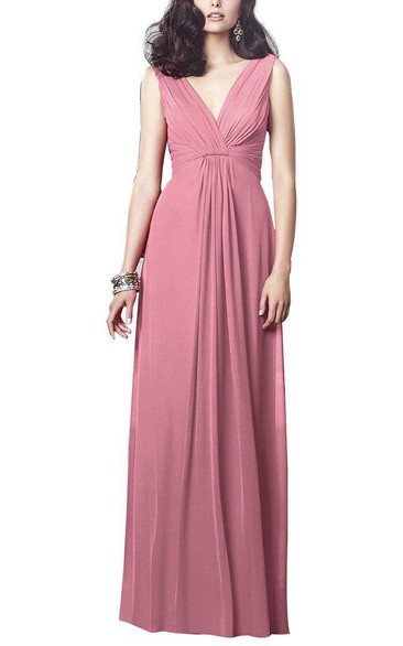 V Neck Ruched Long Chiffon Bridesmaid Dress