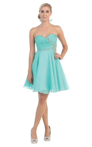 A-Line Mini Sweetheart Sleeveless Chiffon Zipper Dress With Criss Cross And Beading