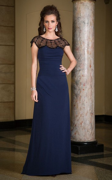 Cap-Sleeved Long Mother Of The Bride Dress With Illusion Beaded Neck