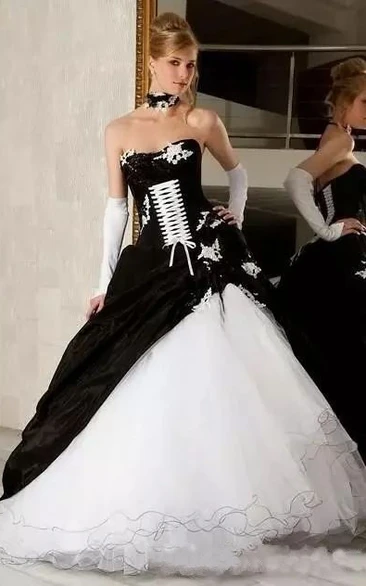 A-Line Organza Taffeta Sweetheart Sleeveless Floor-length Wedding Dress with Appliques and Ruffles