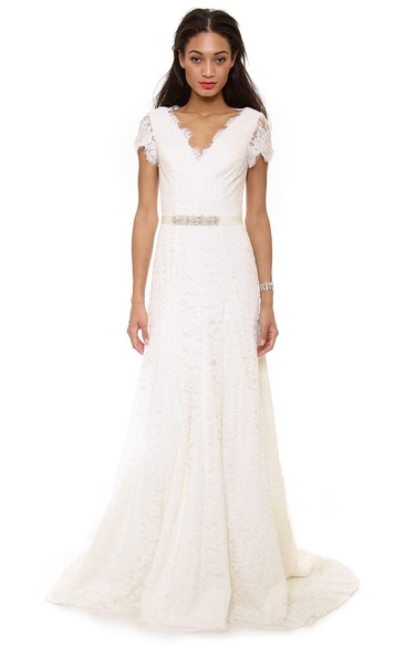 Long Low-V Neckline A-line Lace Dress With Low-V Back Style