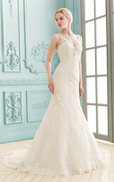 Strapped V-neck Appliques Floor-length Sheath Lace Dress With Crystal Detailing