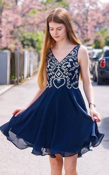 Chiffon Short V-neck A Line Sleeveless Adorable Homecoming Dress