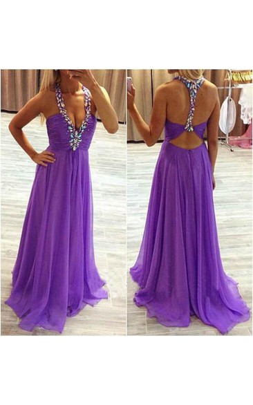 A-line Halter Chiffon Dress with Keyhole Back