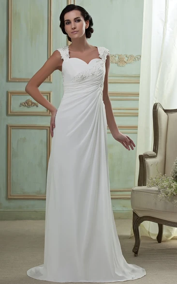 Simple Caped-Sleeve Beaded Dress With Ruching and Keyhole Back