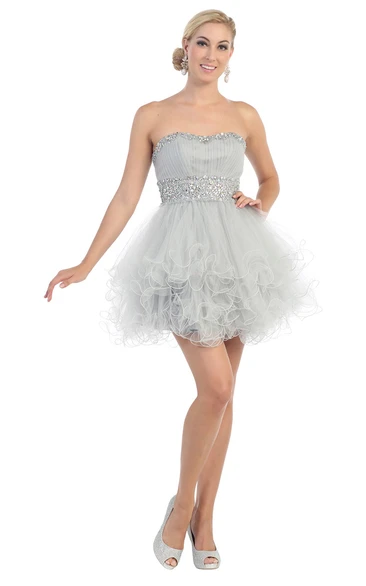 A-Line Short Strapless Tulle Lace-Up Dress With Ruffles And Waist Jewellery